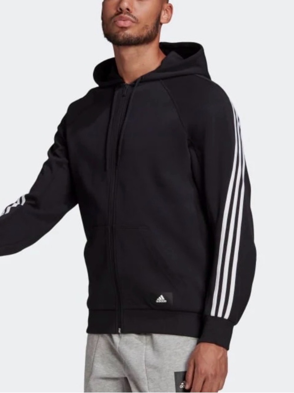 adidas Black Full-Zip Hoodie with White 3-Stripe Sleeves